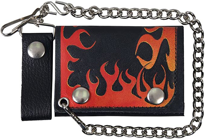 4" Flame Tri-fold WLB1003 Black Leather Tri-Fold Wallet with Chain | Hot Leathers