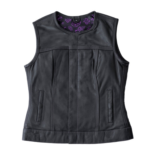 Royal Women's Black Purple Cowhide Leather Club MC Motorcycle Vest low collar front seems paisley liner solid back