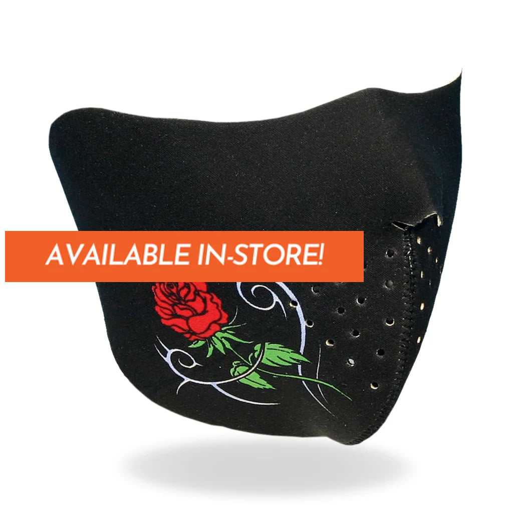 Neoprene Half Face Mask Vented Black and Tribal Rose Motorcycle Protective Riding Gear and Accessories