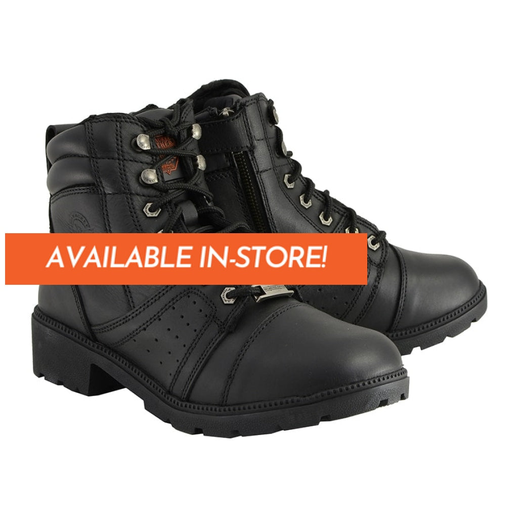 Milwaukee Short Tactical Lace up women's black leather riding motorcycle boots front lace up side zipper waterproof heavy tread work boots